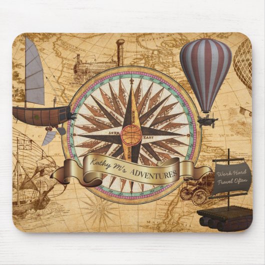 Steampunk Travel Antiek Map Compass Adventure Muismat (Voorkant)
