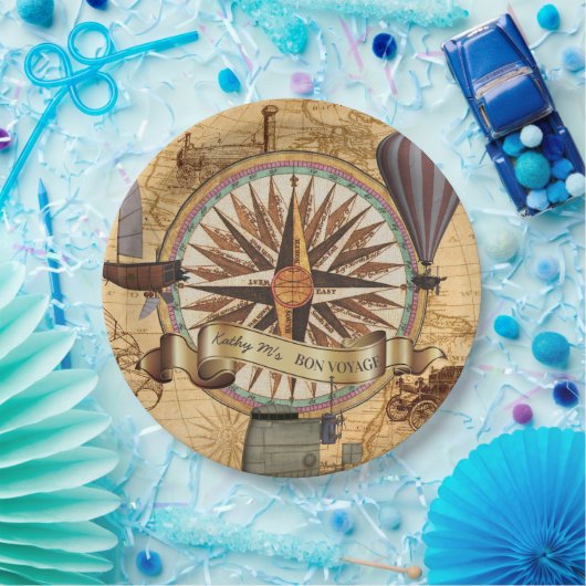 Steampunk Travel Antiek Map Compass Adventure Papieren Bordje (Feest)