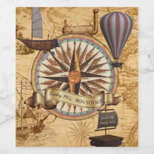 Steampunk Travel Antiek Map Compass Adventure Wijn Etiket