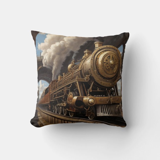 Steampunk Trein en Victoriaans Brug Kussen (Voorkant)