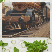 Steampunk trein vertrekt uit Londen Theedoek (Gevouwen)