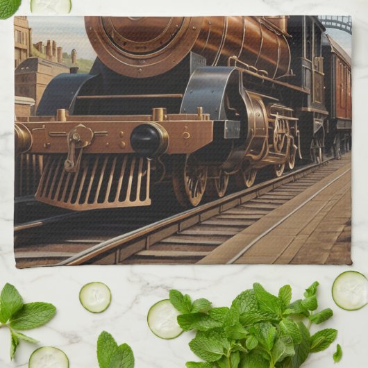 Steampunk trein vertrekt uit Londen Theedoek (Gevouwen)