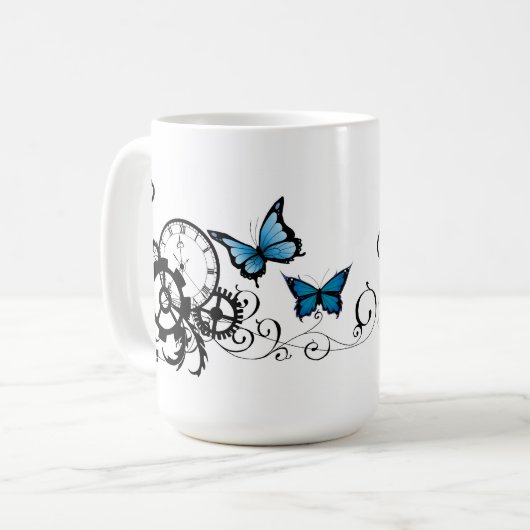 Steampunk Tribal Blauwe Vlinders Koffiemok (Voorkant links)