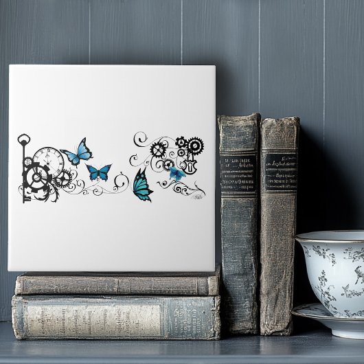 Steampunk Tribal Blauwe Vlinders Tegeltje