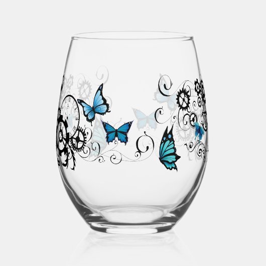 Steampunk Tribal Blauwe Vlinders Wijnglas Zonder Voet (Achterkant)