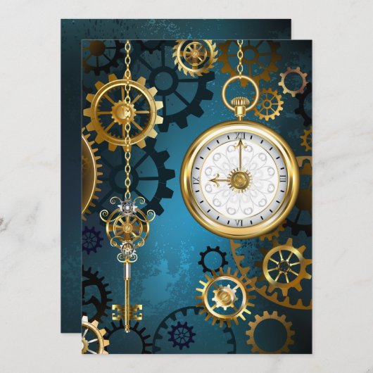 Steampunk turquoise Achtergrond met tandwielen Aankondiging (Voorkant / Achterkant)