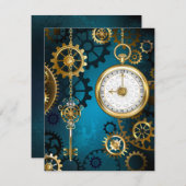 Steampunk turquoise achtergrond met tandwielen aankondiging (Voorkant / Achterkant)