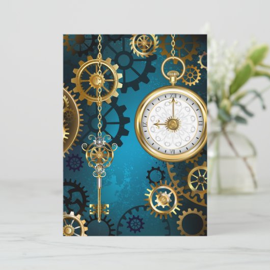 Steampunk turquoise Achtergrond met tandwielen Aankondiging (Staand voorkant)