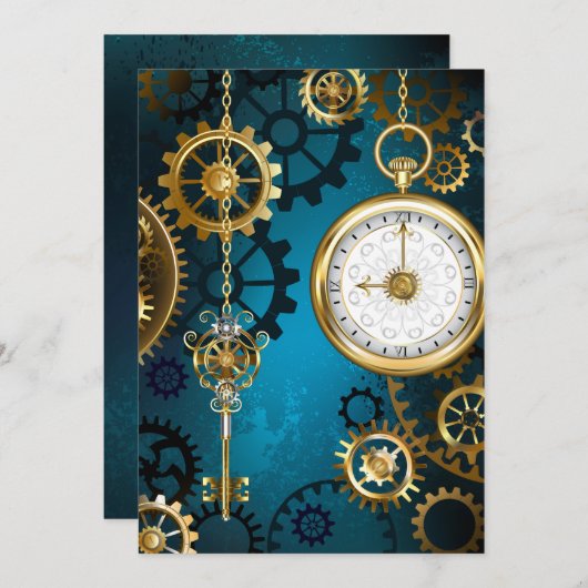 Steampunk turquoise Achtergrond met tandwielen Aankondiging (Voorkant / Achterkant)