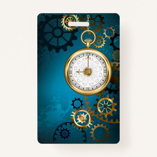 Steampunk turquoise achtergrond met tandwielen badge (Voorkant)