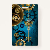 Steampunk turquoise achtergrond met tandwielen badge (Achterkant)