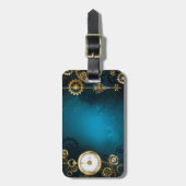 Steampunk turquoise Achtergrond met tandwielen Bagagelabel (Voorkant verticaal)