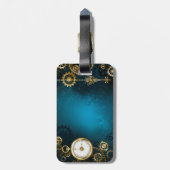 Steampunk turquoise Achtergrond met tandwielen Bagagelabel (Achterkant verticaal)