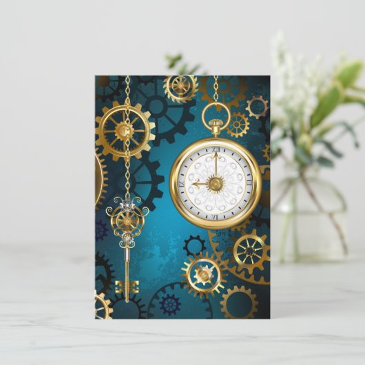 Steampunk turquoise Achtergrond met tandwielen Bedankkaart (Staand voorkant)