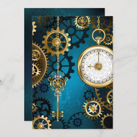 Steampunk turquoise Achtergrond met tandwielen Bedankkaart (Voorkant / Achterkant)