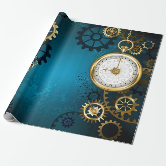 Steampunk turquoise achtergrond met tandwielen cadeaupapier (Uitgerold)