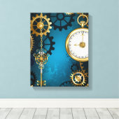 Steampunk turquoise Achtergrond met tandwielen Canvas Afdruk (Insitu (Houten vloer))