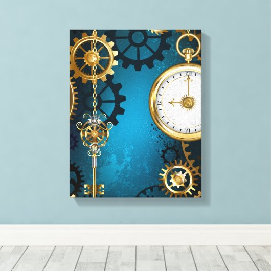 Steampunk turquoise Achtergrond met tandwielen Canvas Afdruk (Insitu (Houten vloer))