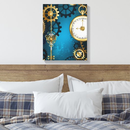 Steampunk turquoise Achtergrond met tandwielen Canvas Afdruk (Insitu (Slaapkamer))