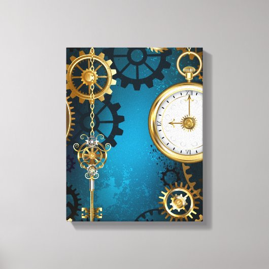Steampunk turquoise Achtergrond met tandwielen Canvas Afdruk (Voorkant)