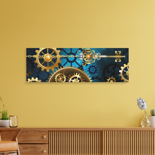 Steampunk turquoise Achtergrond met tandwielen Canvas Afdruk (Insitu (Woonkamer))