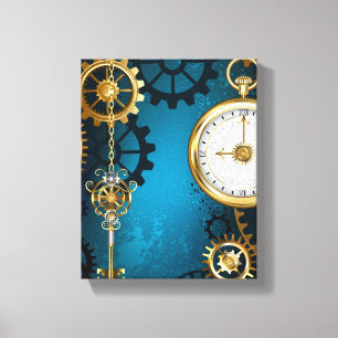Steampunk turquoise Achtergrond met tandwielen Canvas Afdruk