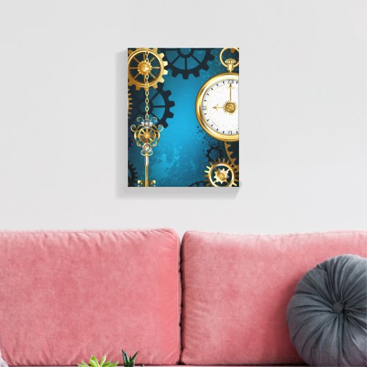 Steampunk turquoise Achtergrond met tandwielen Canvas Afdruk (Insitu (Woonkamer))