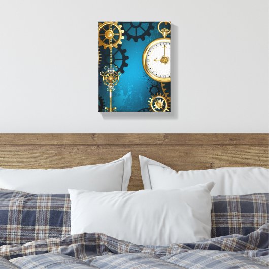 Steampunk turquoise Achtergrond met tandwielen Canvas Afdruk (Insitu (Slaapkamer))