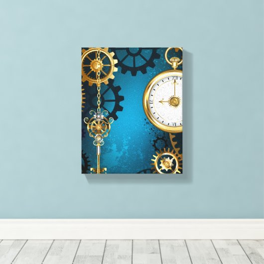 Steampunk turquoise Achtergrond met tandwielen Canvas Afdruk (Insitu (Houten vloer))
