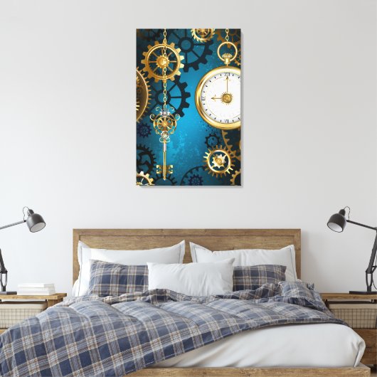 Steampunk turquoise Achtergrond met tandwielen Canvas Afdruk (Insitu (Slaapkamer))
