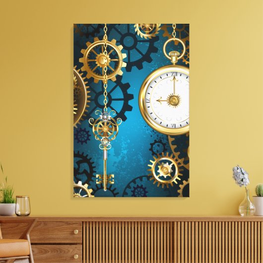 Steampunk turquoise Achtergrond met tandwielen Canvas Afdruk (Insitu (Woonkamer))