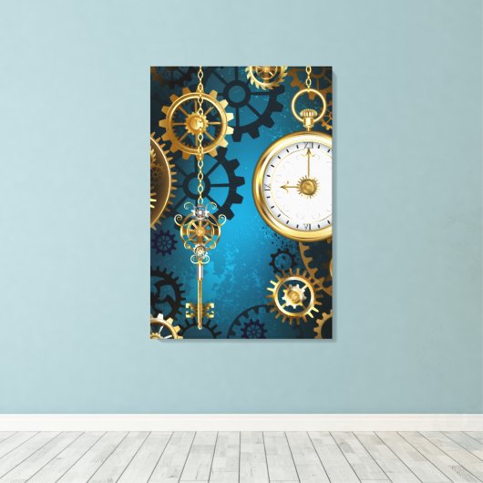 Steampunk turquoise Achtergrond met tandwielen Canvas Afdruk (Insitu (Houten vloer))