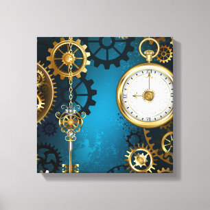 Steampunk turquoise Achtergrond met tandwielen Canvas Afdruk