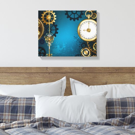 Steampunk turquoise Achtergrond met tandwielen Canvas Afdruk (Insitu (Slaapkamer))
