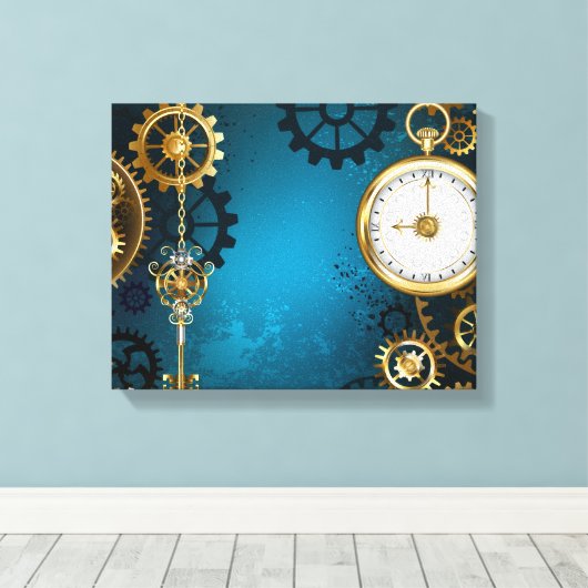 Steampunk turquoise Achtergrond met tandwielen Canvas Afdruk (Insitu (Houten vloer))