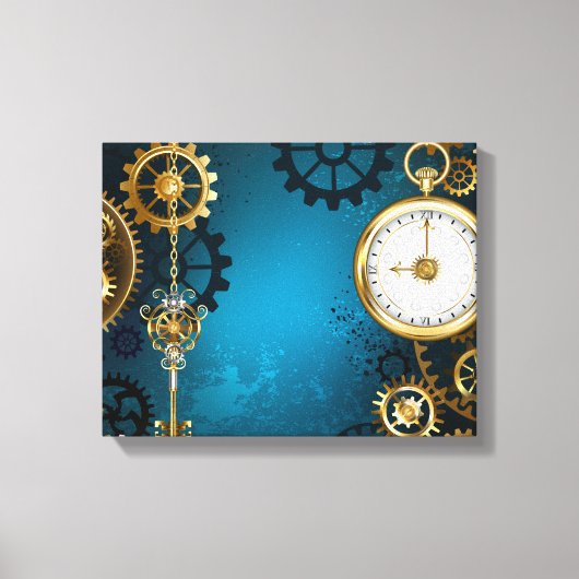 Steampunk turquoise Achtergrond met tandwielen Canvas Afdruk (Voorkant)