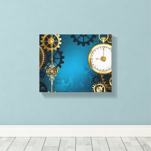 Steampunk turquoise Achtergrond met tandwielen Canvas Afdruk (Insitu (Houten vloer))