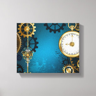 Steampunk turquoise Achtergrond met tandwielen Canvas Afdruk