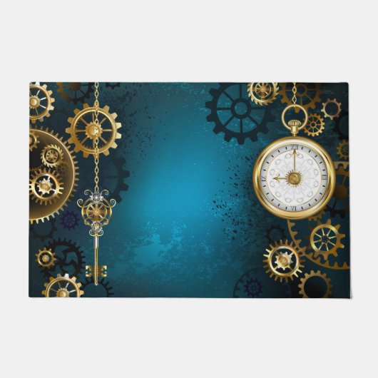 Steampunk turquoise Achtergrond met tandwielen Deurmat (Voorkant)