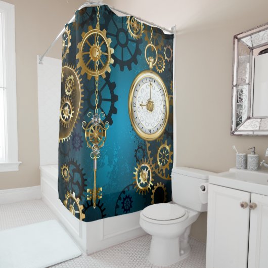 Steampunk turquoise Achtergrond met tandwielen Douchegordijn (In situ)