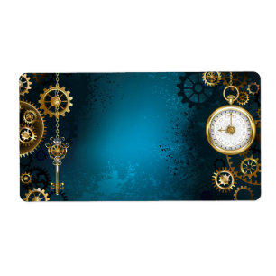 Steampunk turquoise Achtergrond met tandwielen Etiket