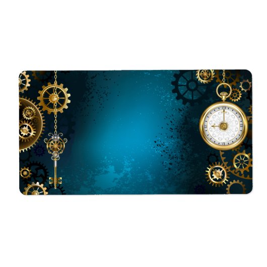 Steampunk turquoise Achtergrond met tandwielen Etiket (Voorkant)