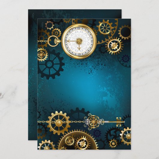 Steampunk turquoise Achtergrond met tandwielen Feestdagenkaart (Voorkant / Achterkant)
