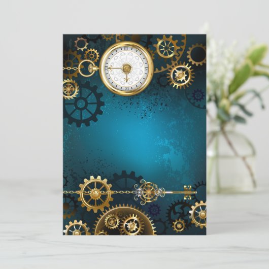 Steampunk turquoise Achtergrond met tandwielen Feestdagenkaart (Staand voorkant)