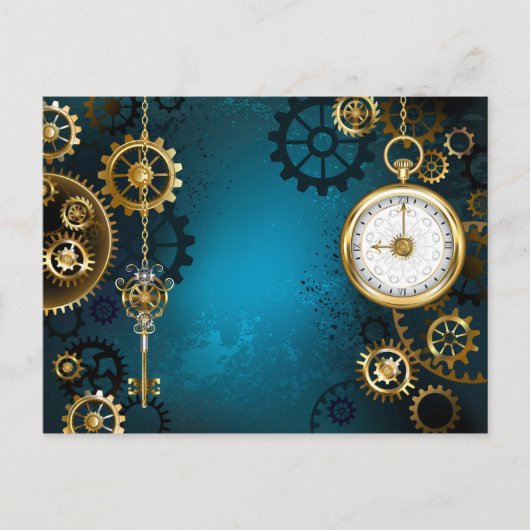 Steampunk turquoise Achtergrond met tandwielen Feestdagenkaart (Voorkant)
