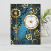 Steampunk turquoise Achtergrond met tandwielen Feestdagenkaart (Staand voorkant)