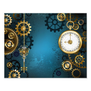Steampunk turquoise Achtergrond met tandwielen Foto Afdruk