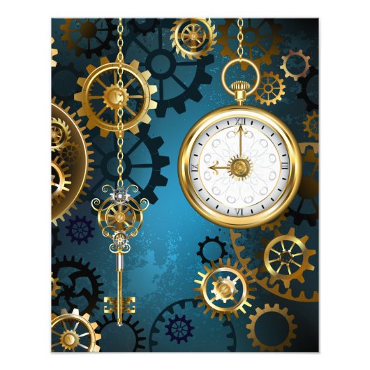 Steampunk turquoise achtergrond met tandwielen foto afdruk (Voorkant)