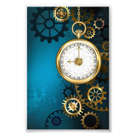 Steampunk turquoise Achtergrond met tandwielen Foto Afdruk (Voorkant)