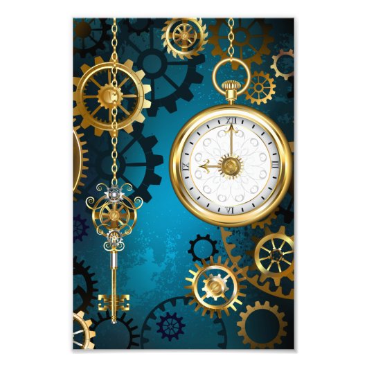 Steampunk turquoise Achtergrond met tandwielen Foto Afdruk (Voorkant)